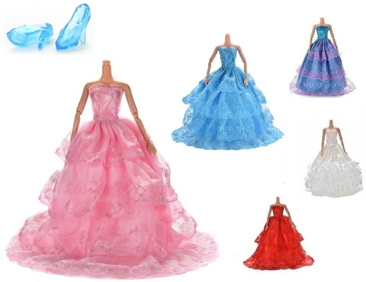 Little New Finds | Barbie jurken set | Kleding voor Barbie | 6 delig | + Gratis kroontje